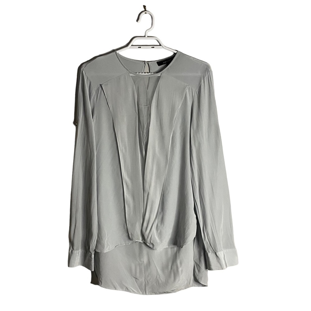 BCBGMAXAZRIA Women's Soft Blue 100% Silk Deep V-Neck Blouse